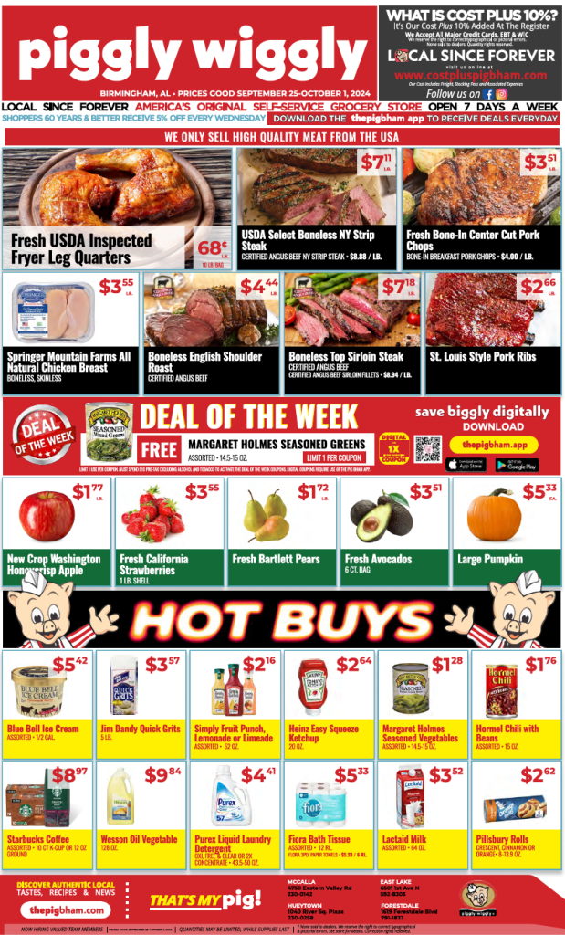 Piggly Wiggly weekly ad featuring deals on meats, produce, and grocery items for September 25 to October 1, 2024, with highlights such as USDA inspected chicken, boneless NY strip steak, fresh strawberries, and Margaret Holmes seasoned greens.